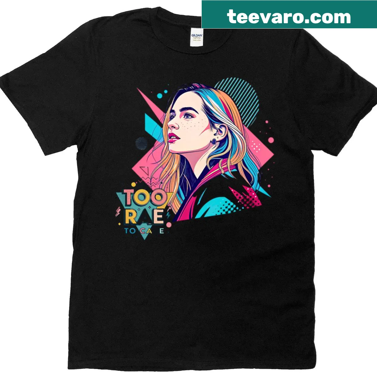 T-shirt with the phrase 'Too Rae To Care' in playful typography — on a men's t-shirt
