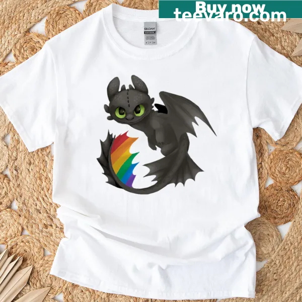 Toothless dragon illustrated in rainbow colors for pride