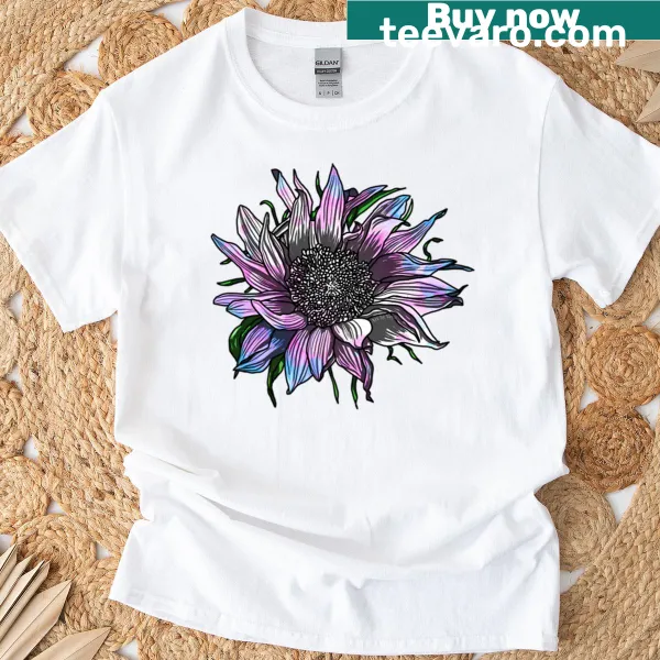 Sunflower illustration representing the trans community on a T-shirt