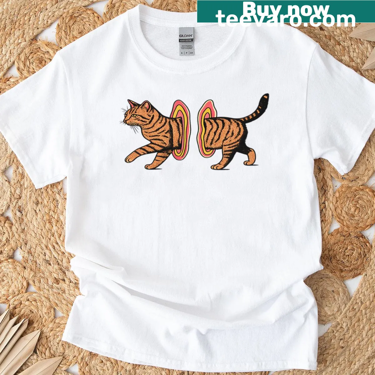 Trippy pop art cat design T-shirt — on a men's t-shirt