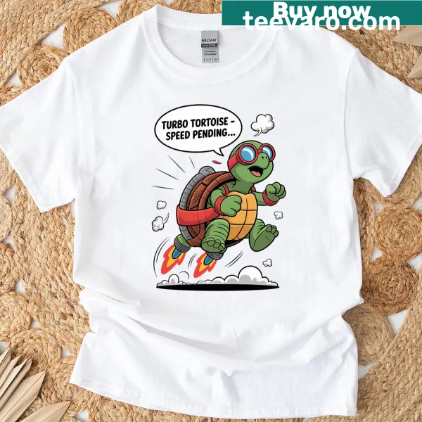 Whimsical tortoise graphic with 'Speed Pending' text on T-shirt