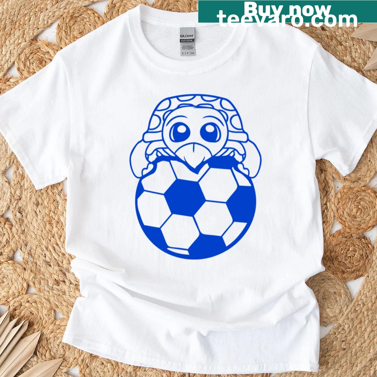 Cute illustration of a turtle kicking a soccer ball on a T-shirt. — on a men's t-shirt