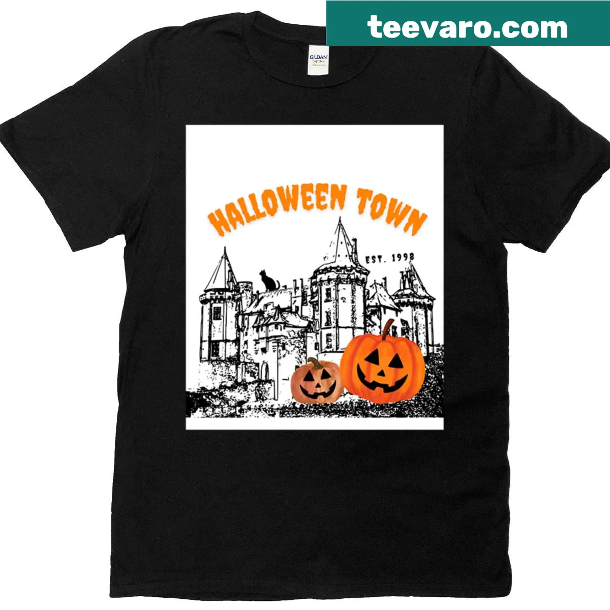 Oversized vintage Halloween Town T-shirt from 1998 design — on a men's t-shirt