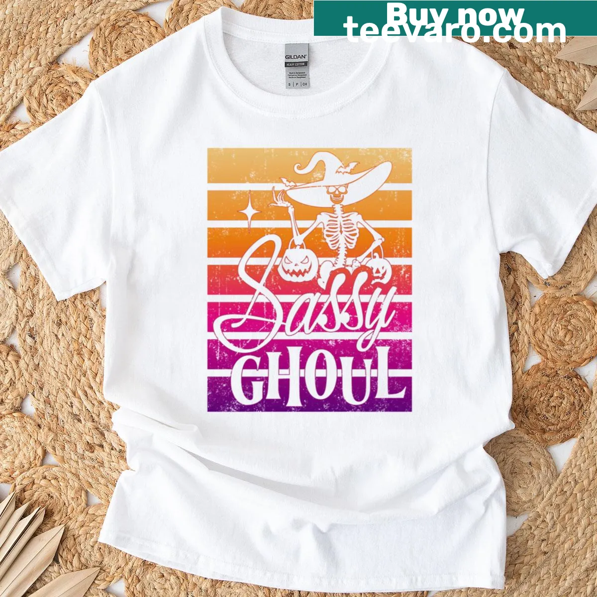 Sassy ghoul graphic T-shirt for Halloween with a vintage vibe. — on a men's t-shirt