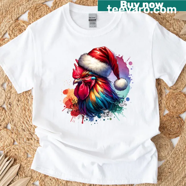 Oversized T-shirt with a watercolor rooster illustration for Christmas