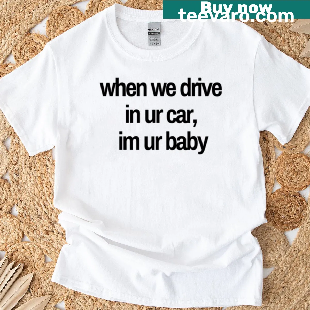 Playful t-shirt with the phrase 'When We Drive In Your Car Im Your Baby' — on a men's t-shirt