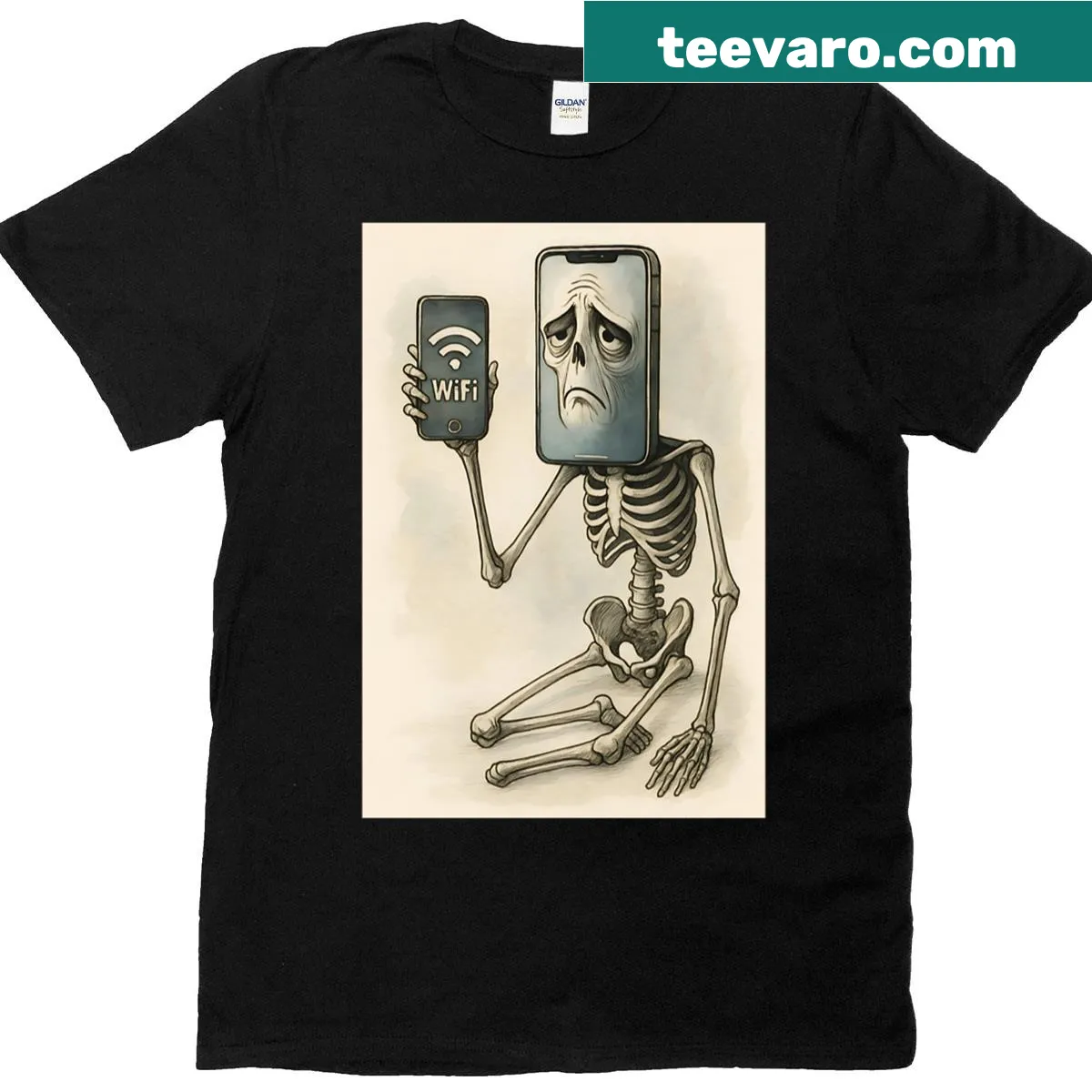 Whimsical skeleton graphic tangled in Wi-Fi signals — on a men's t-shirt