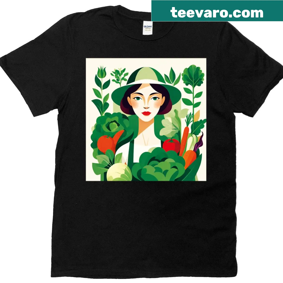 Illustrative t-shirt featuring a woman in a garden — on a men's t-shirt