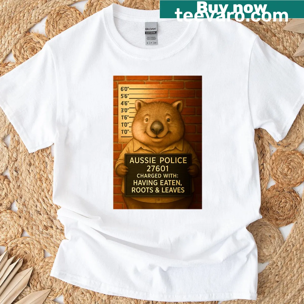 Funny wombat mugshot t-shirt featuring quirky Australian wildlife art. — on a men's t-shirt