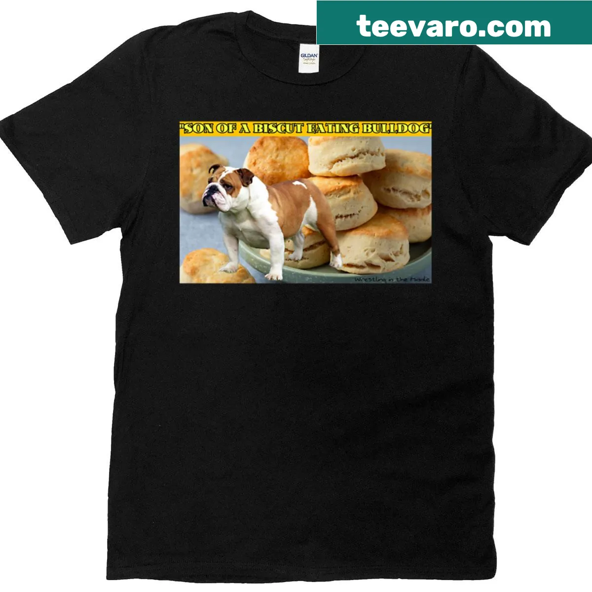 Nostalgic t-shirt with a bulldog wrestling design and text — on a men's t-shirt