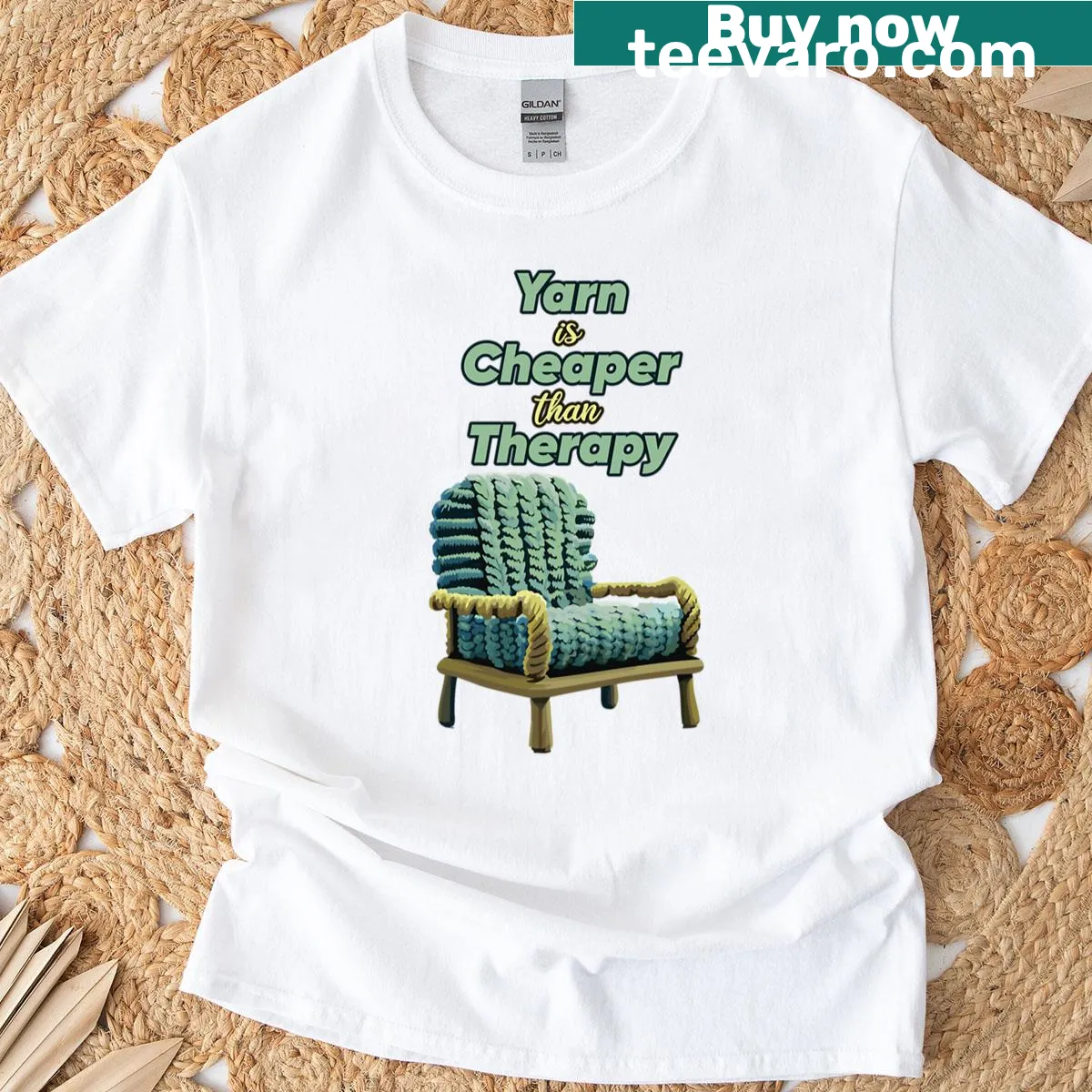 Knitting-themed T-shirt with the phrase 'Yarn Is Cheaper Than Therapy' — on a men's t-shirt