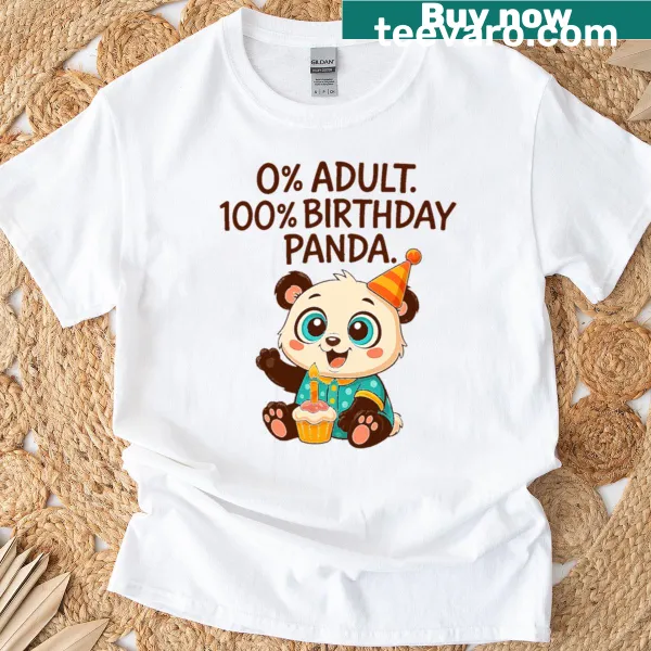Cute panda illustration with '0 Adult 100' text on a birthday T-shirt.