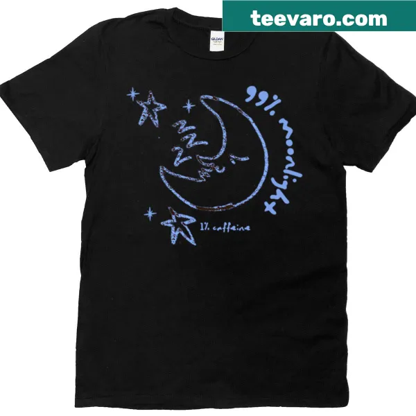 Whimsical t-shirt featuring moonlight and coffee design for dreamers.
