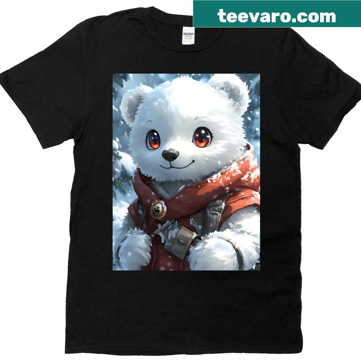 Whimsical illustration of a bear in a red cloak exploring a snowy pond. — on a men's t-shirt