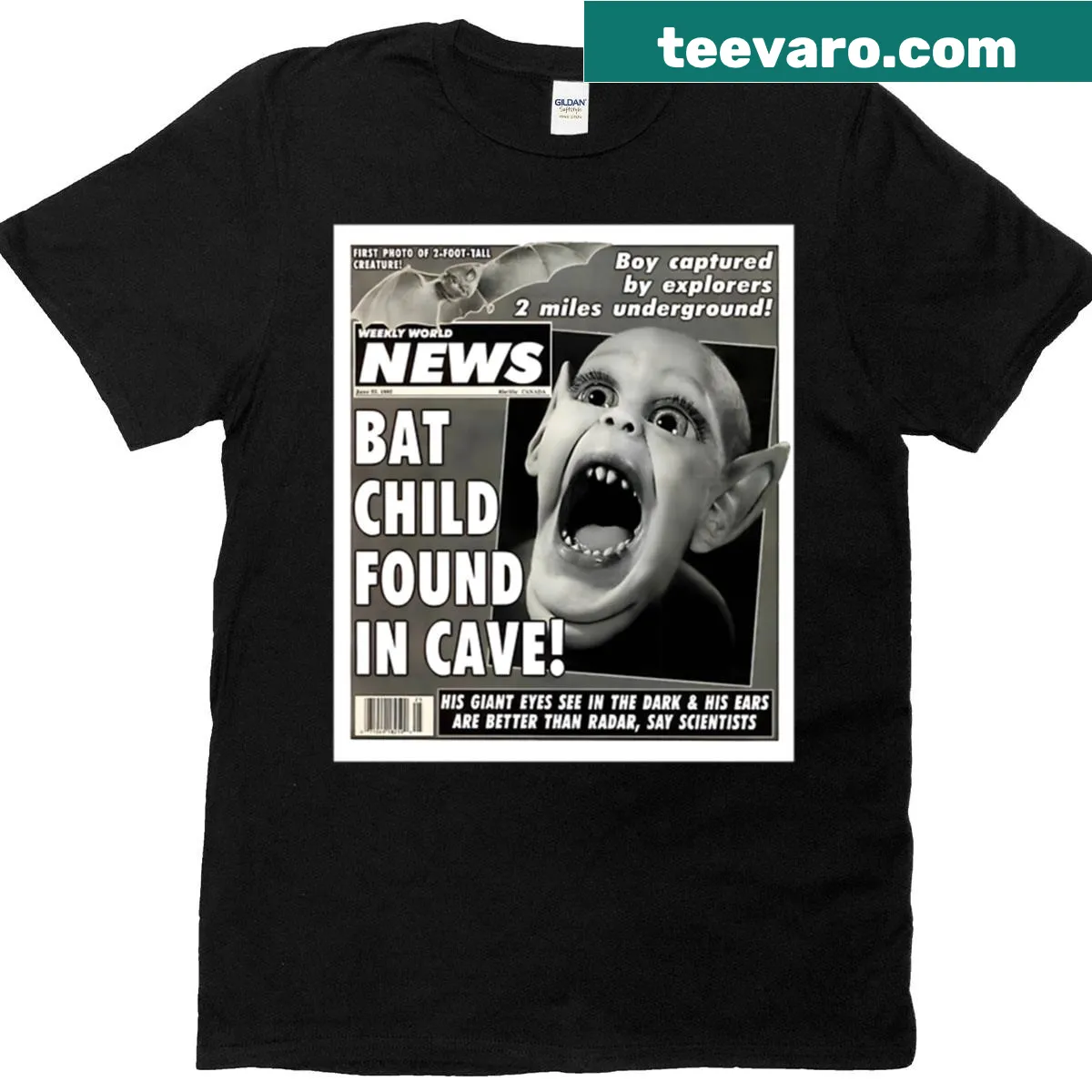 Vintage tabloid style Bat Boy graphic T-shirt — on a men's t-shirt