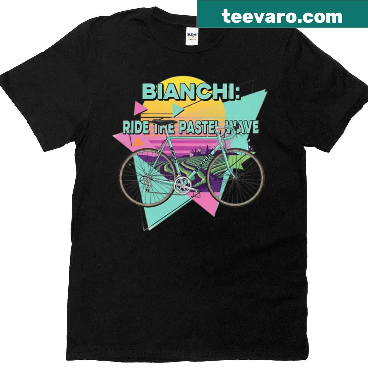 Retro Bianchi road bike illustration on a pastel tee — on a men's t-shirt