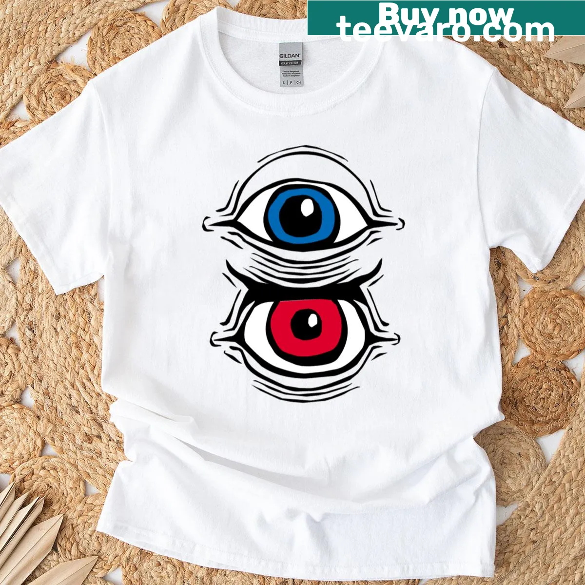 Cartoon Biclops illustration on an olive t-shirt — on a men's t-shirt