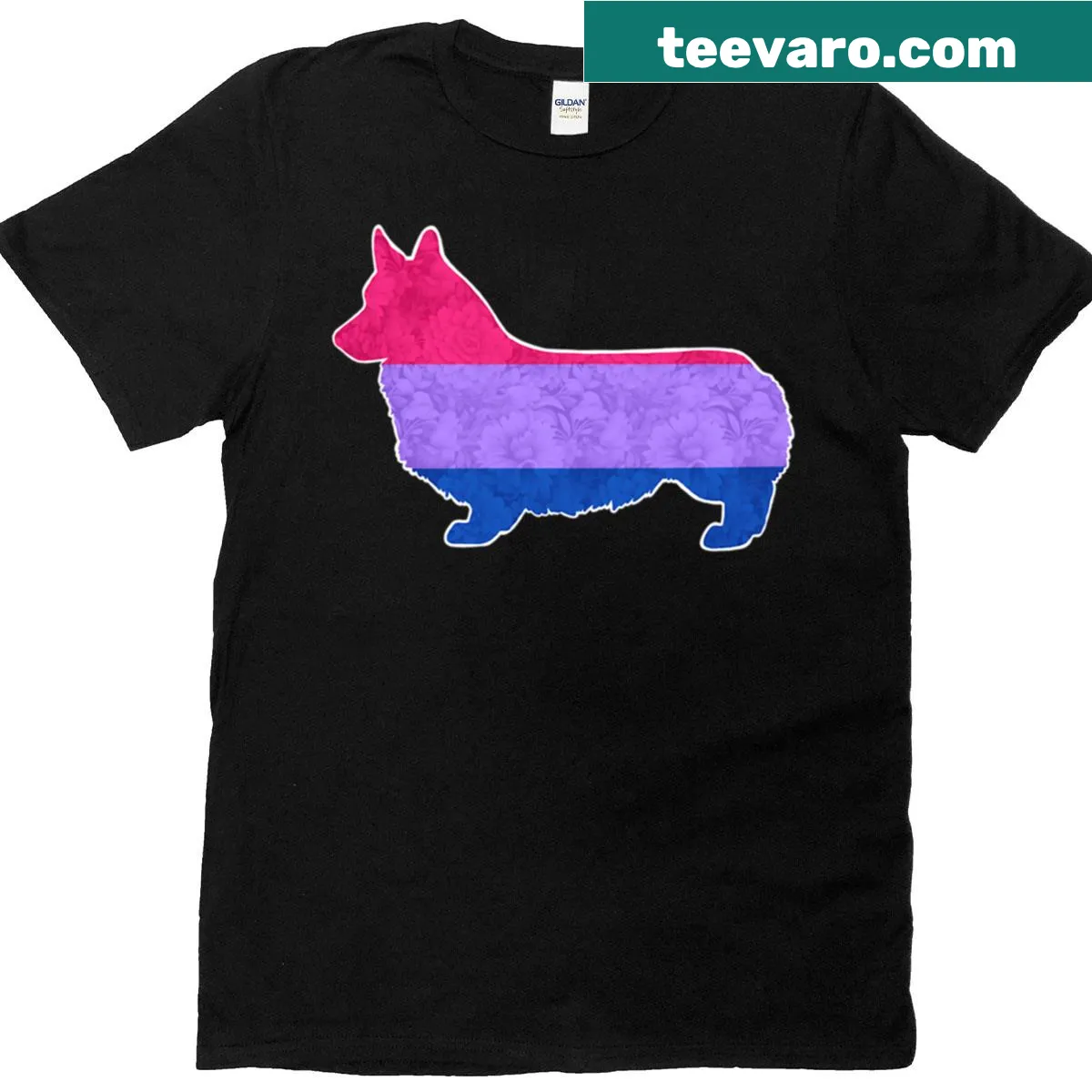 Illustrated corgi with bisexual pride colors on a t-shirt — on a men's t-shirt