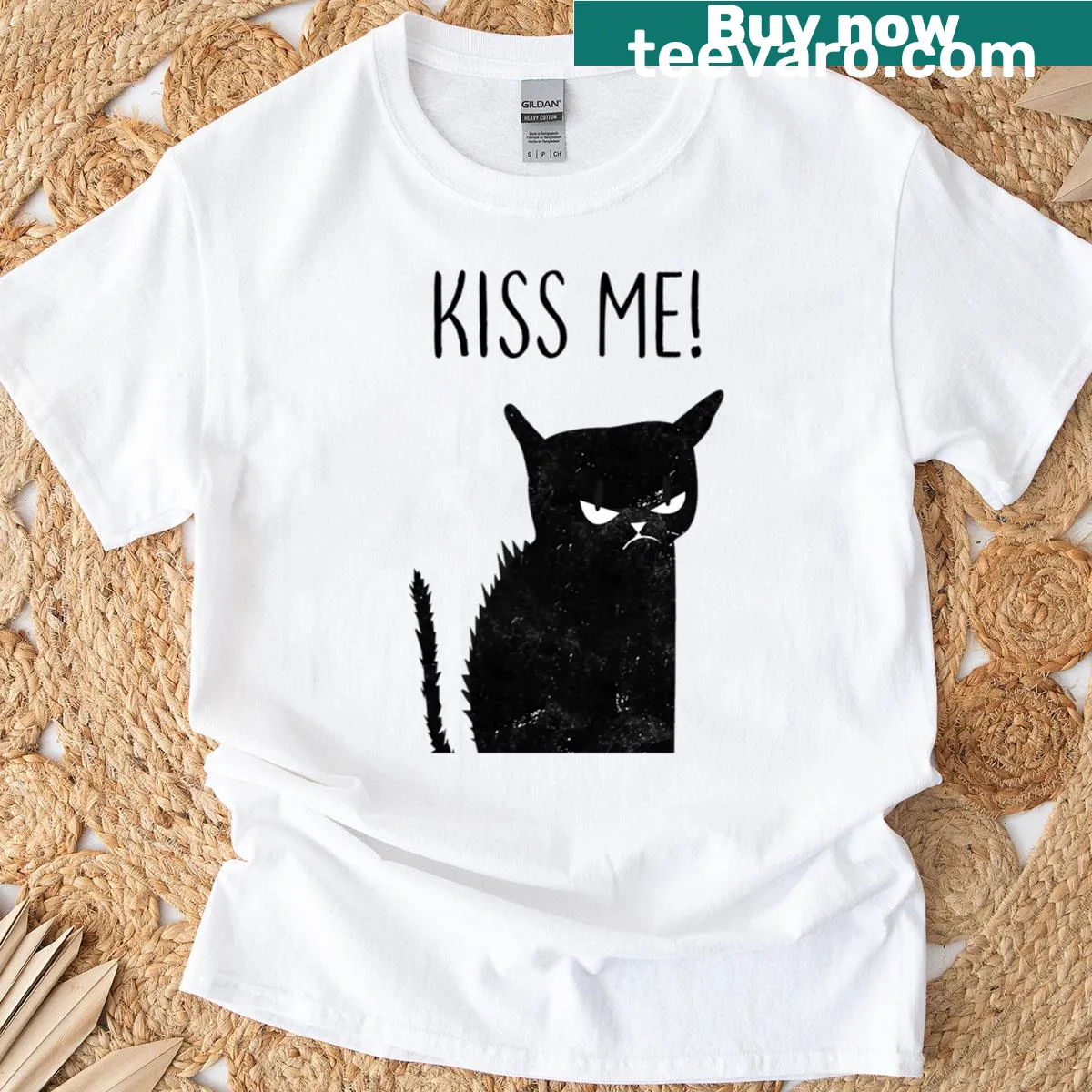 Funny Halloween t-shirt with a black cat and 'Kiss Me' text, appealing to cat lovers — on a men's t-shirt