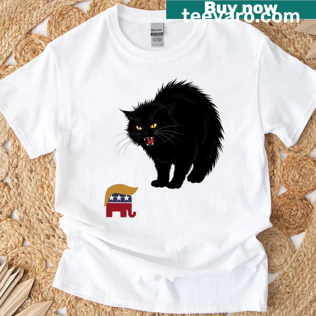 Illustrative design of black cats against a political symbol — on a men's t-shirt