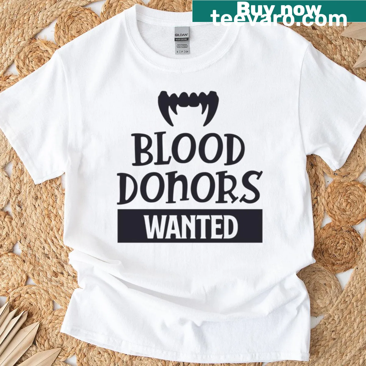 Funny vampire Halloween t-shirt with blood donors text — on a men's t-shirt