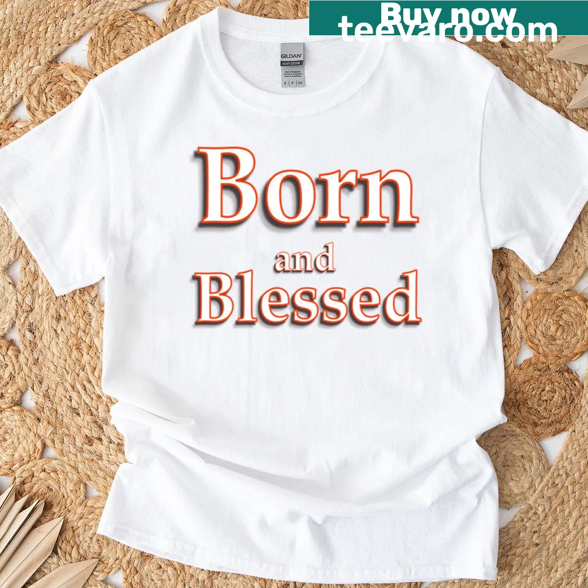 Inspirational Christian typography t-shirt with Born And Blessed design — on a men's t-shirt