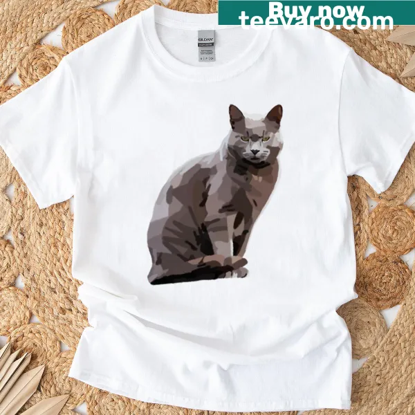Illustrated t-shirt featuring a British Shorthair cat design