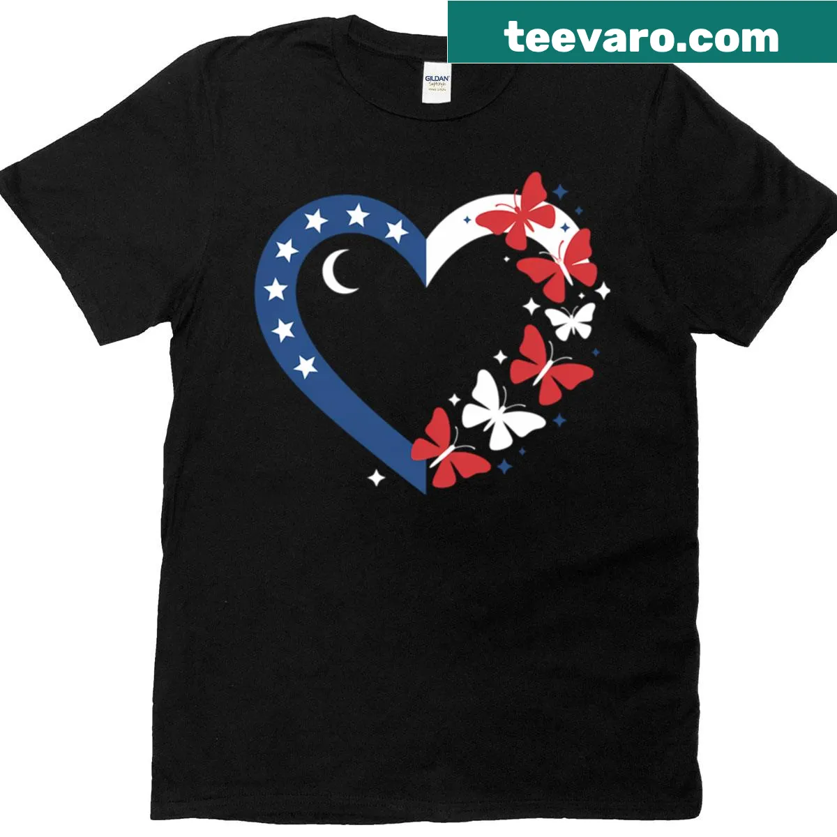 Patriotic T-shirt featuring butterfly design with USA flag colors — on a men's t-shirt