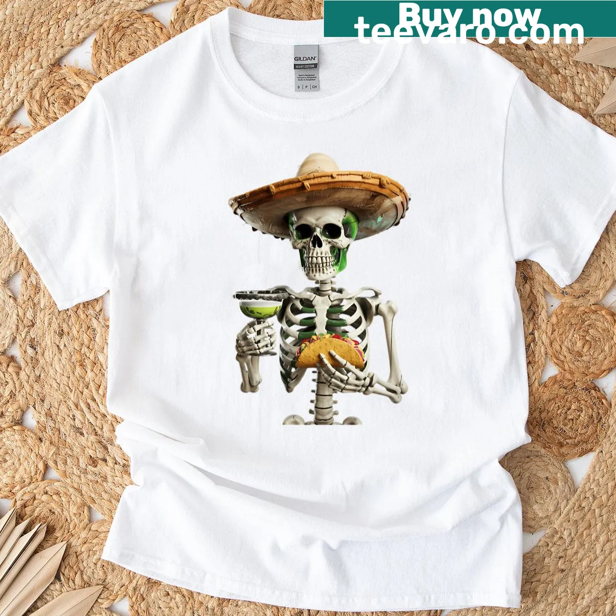 Whimsical cactus skeleton wearing a sombrero on t-shirt — on a men's t-shirt