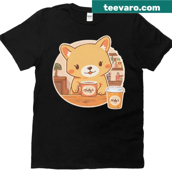Cartoon T-shirt featuring a cozy café pup vibe