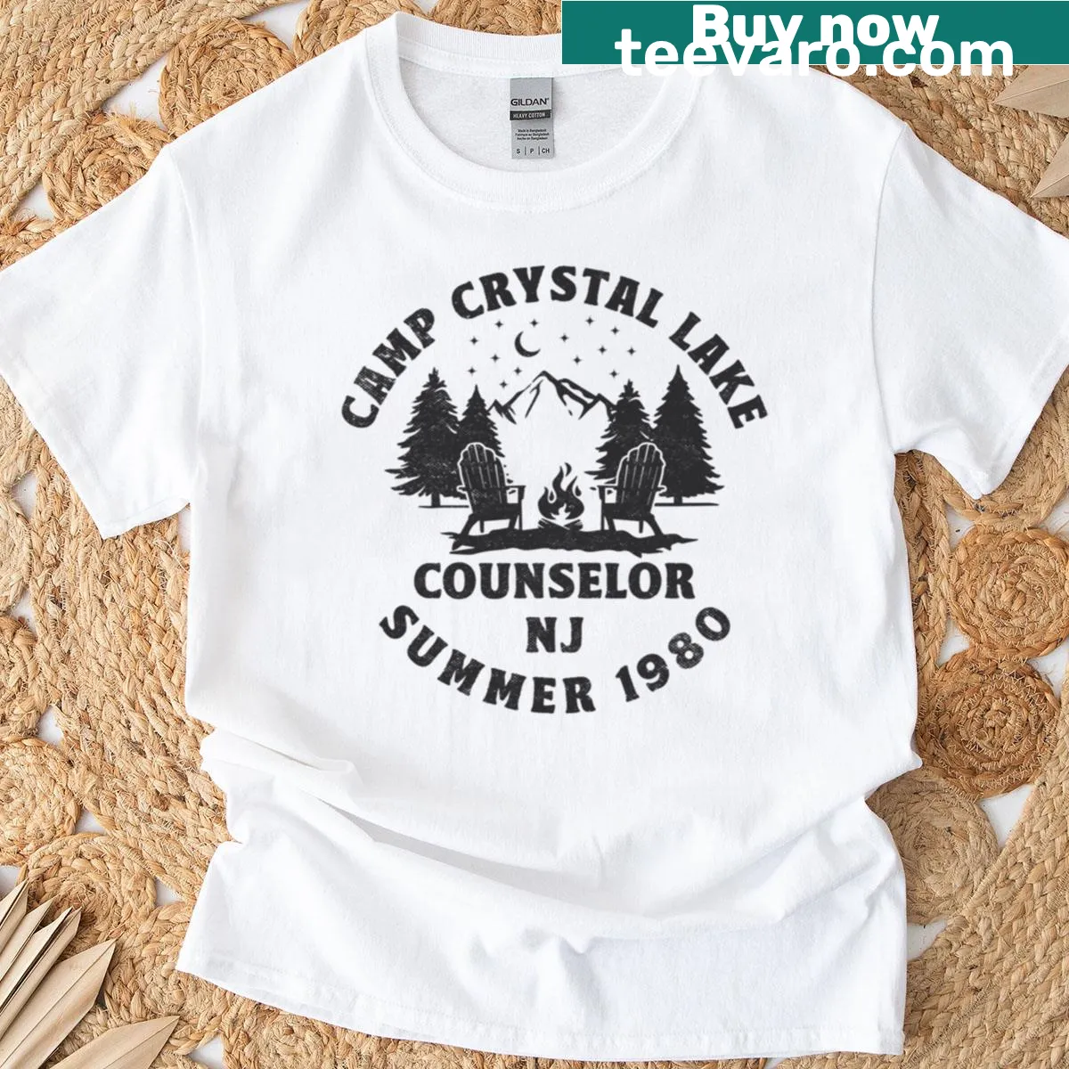 Retro Camp Crystal Lake horror movie graphic T-shirt — on a men's t-shirt
