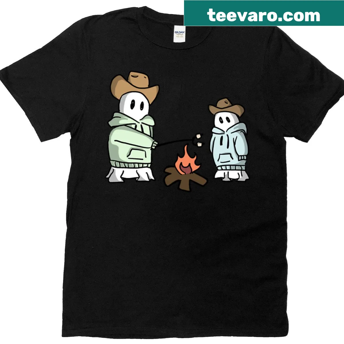 Cute Halloween T-shirt featuring playful campfire ghosts — on a men's t-shirt