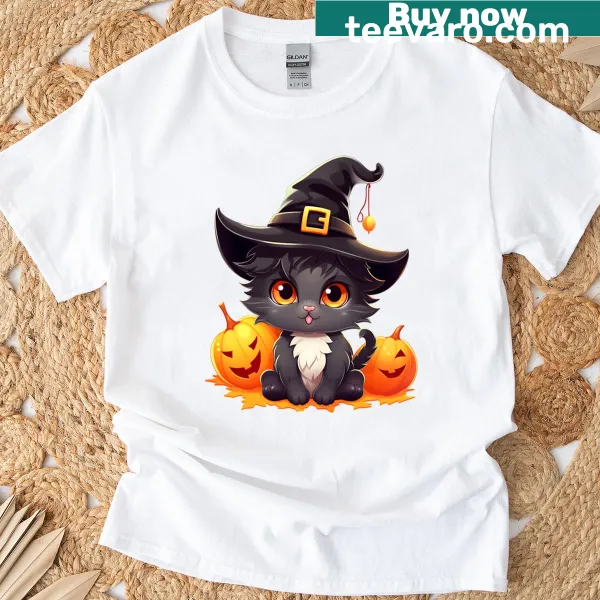 Cute Halloween kitten T-shirt with festive accessories