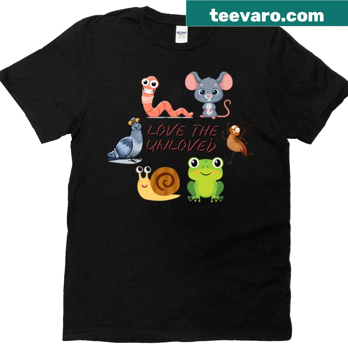 Cartoon graphic promoting kindness to overlooked animals — on a men's t-shirt