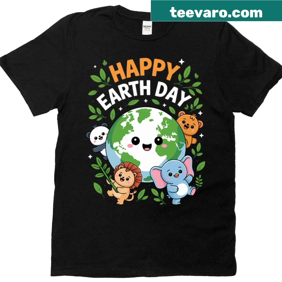 Cartoon Earth surrounded by jungle animals for Earth Day — on a men's t-shirt