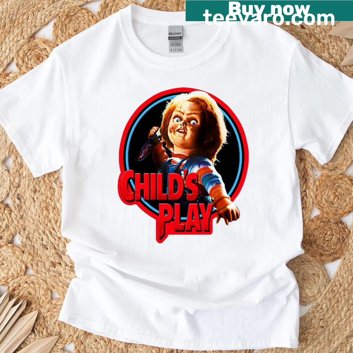 Horror-themed t-shirt featuring Chucky from the film series — on a men's t-shirt