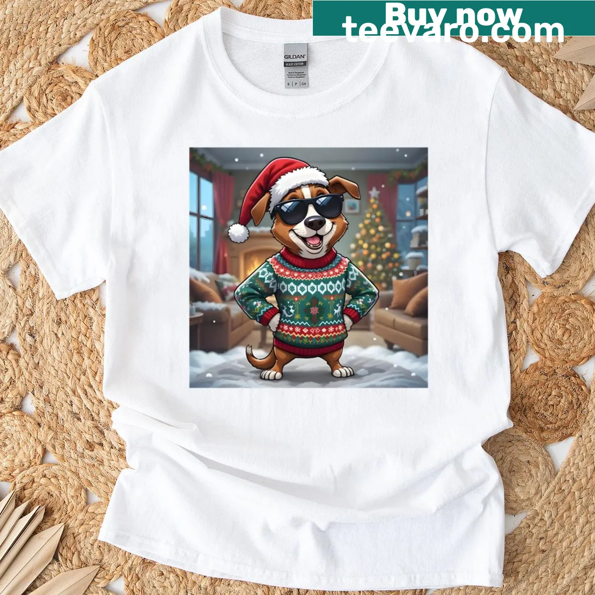 Cartoon dog in Santa outfit and sunglasses for Christmas t-shirt — on a men's t-shirt