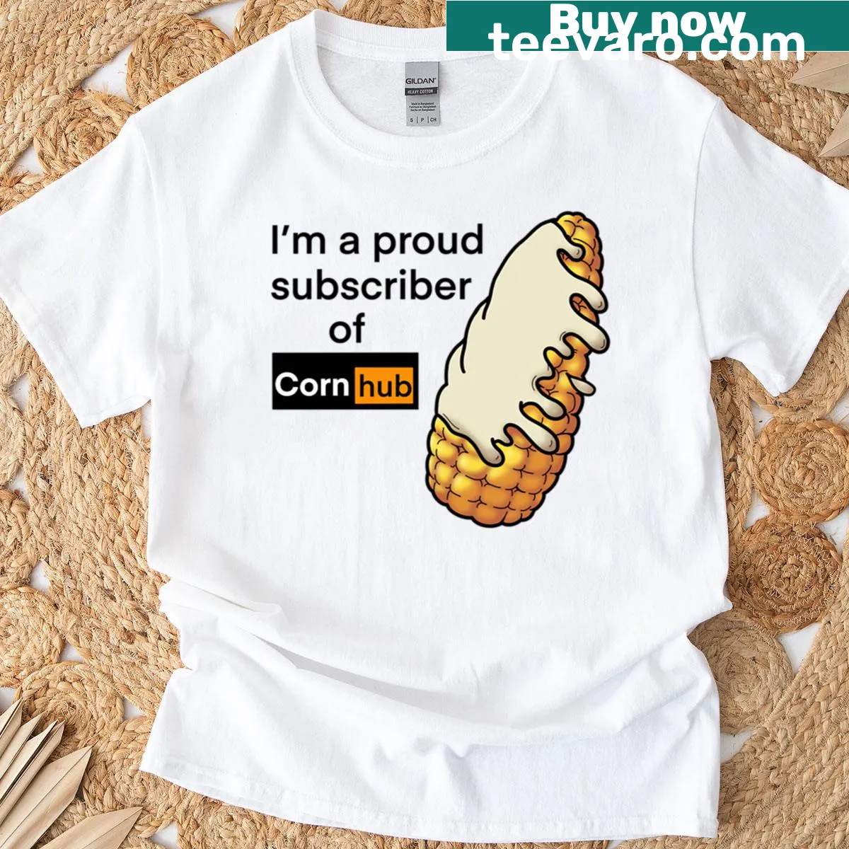 Whimsical corn graphic T-shirt — on a men's t-shirt