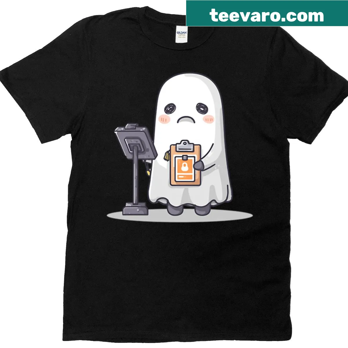 Cute corporate ghost cartoon tee for overworked professionals — on a men's t-shirt