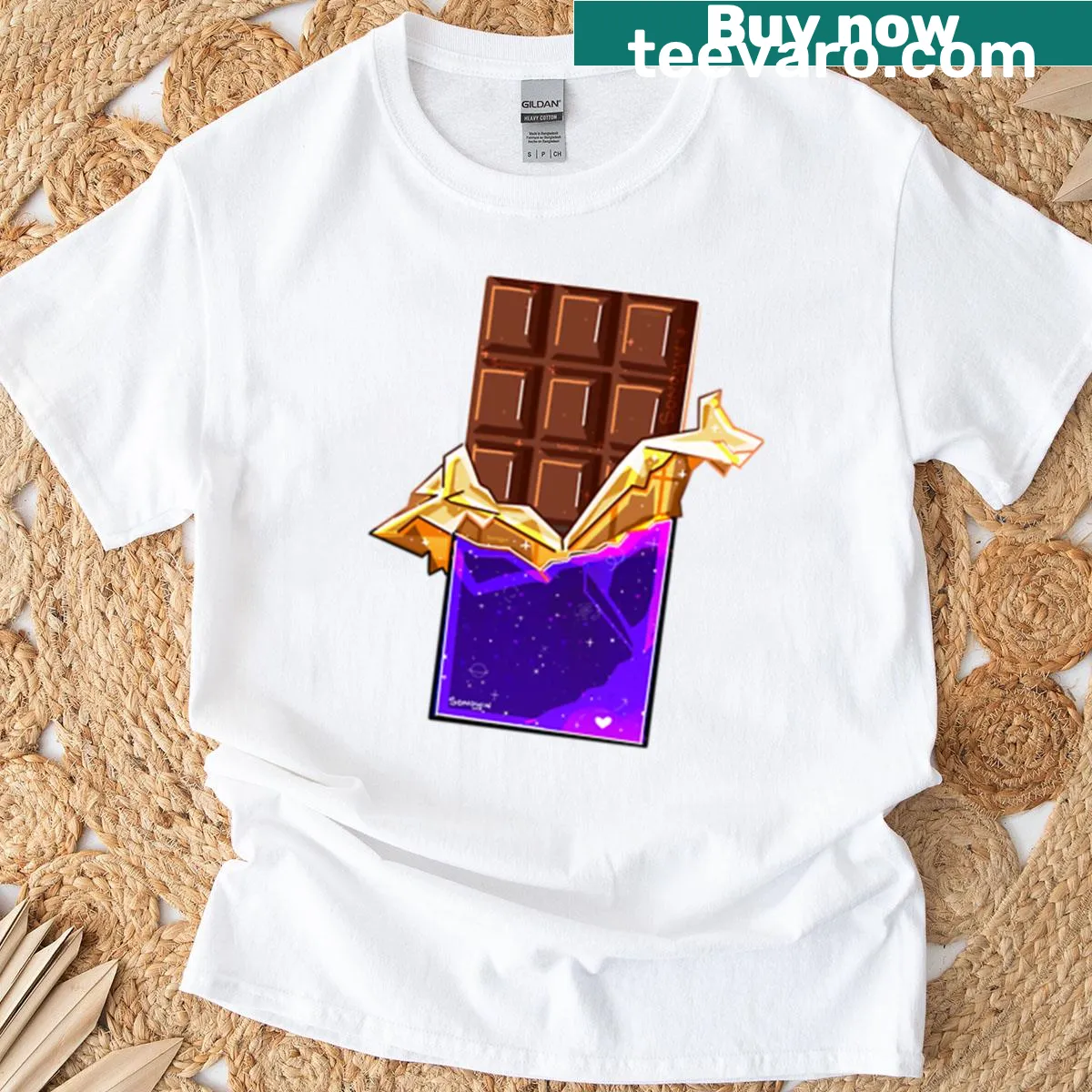 Whimsical cosmic chocolate bar graphic T-shirt. — on a men's t-shirt