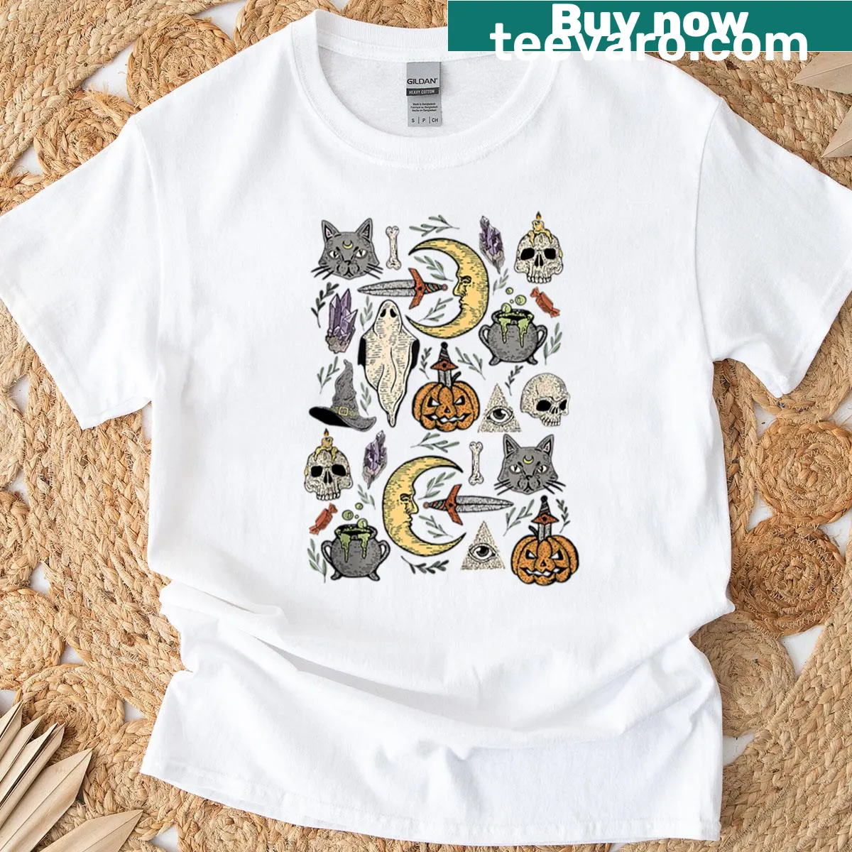Oversized Halloween T-shirt with black cat, crescent moon, and spooky graphics — on a men's t-shirt