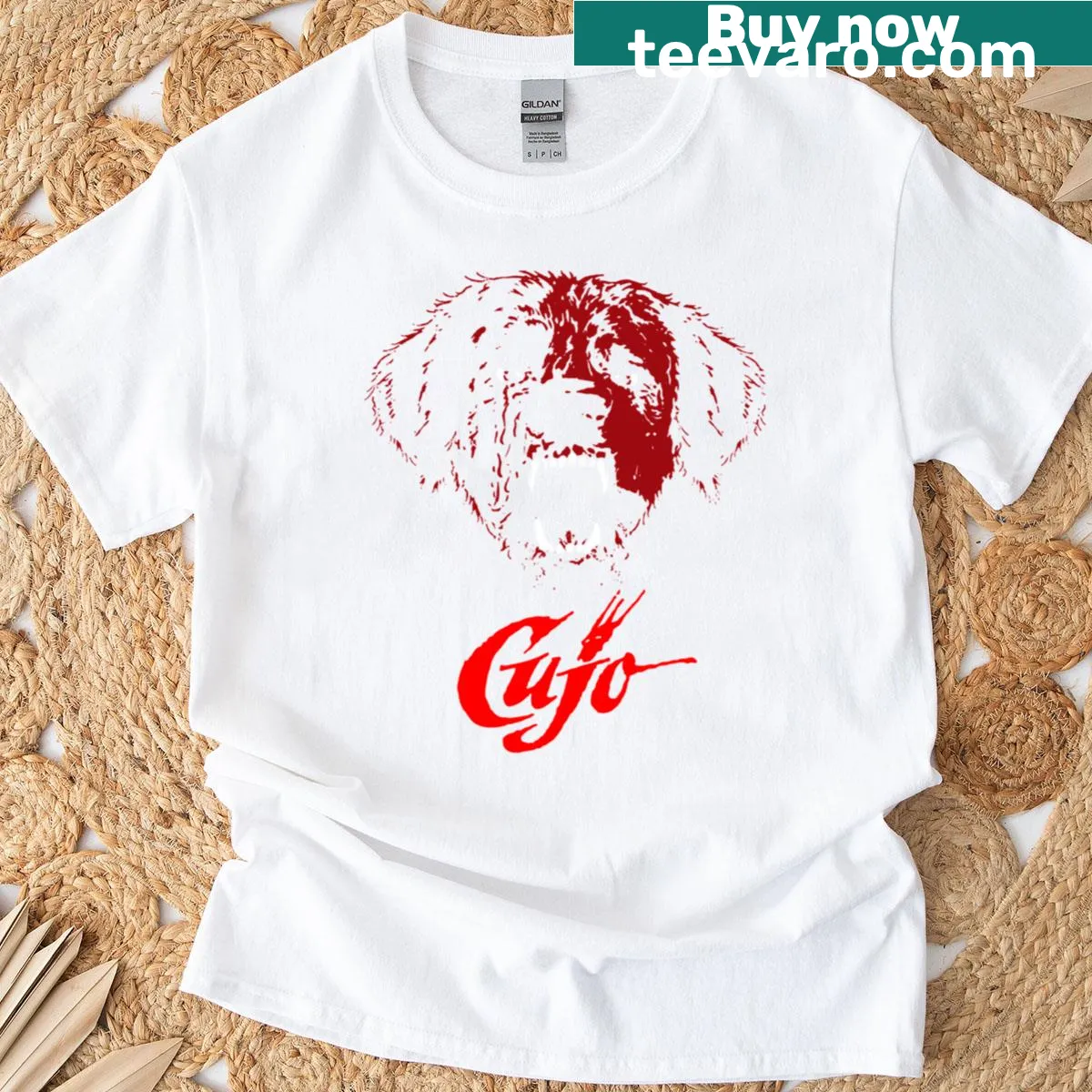 Illustration of a fierce dog inspired by Cujo on a T-shirt — on a men's t-shirt