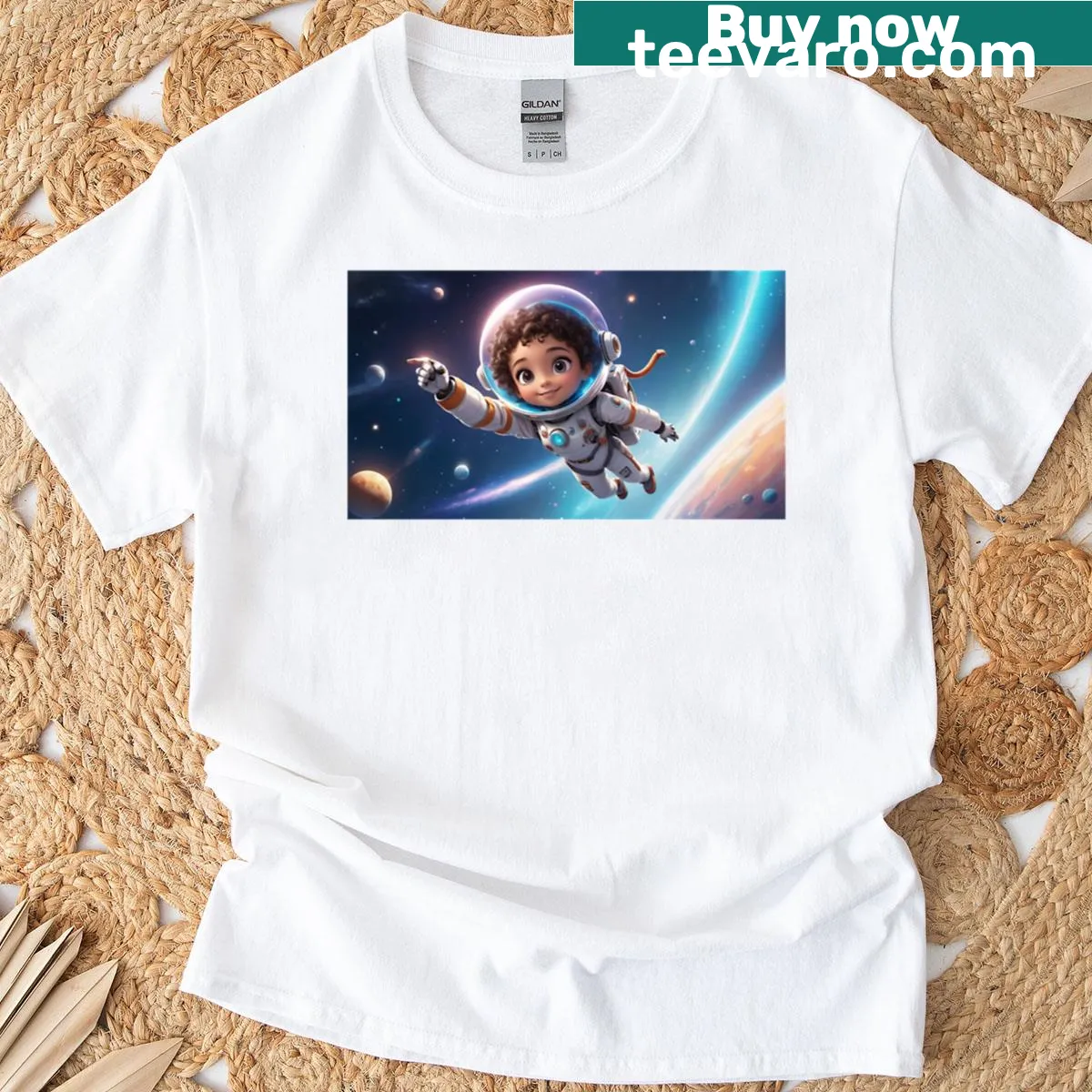Illustration of a cute astronaut in space with a smiling face — on a men's t-shirt