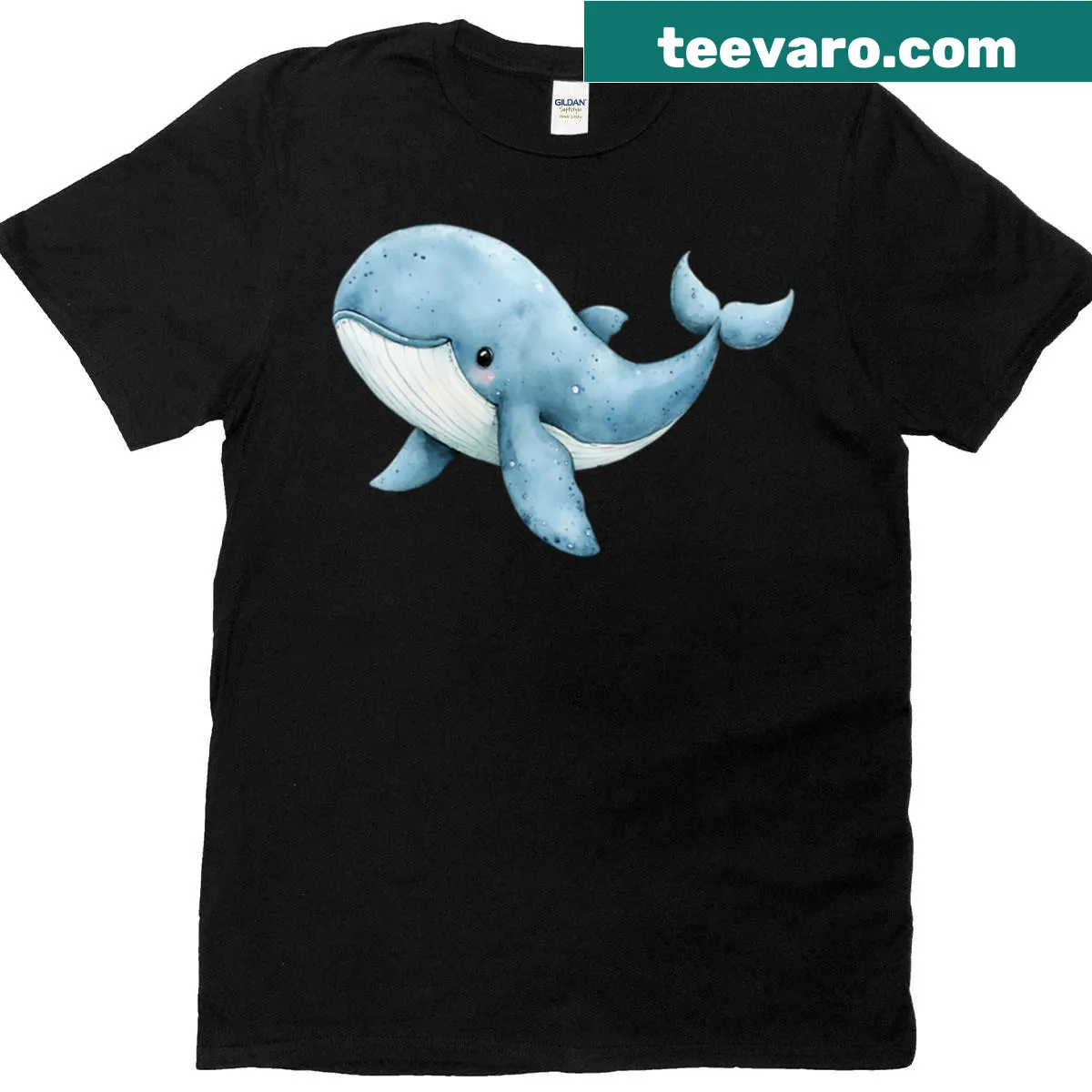 Watercolor illustration of a cute blue whale on a T-shirt — on a men's t-shirt