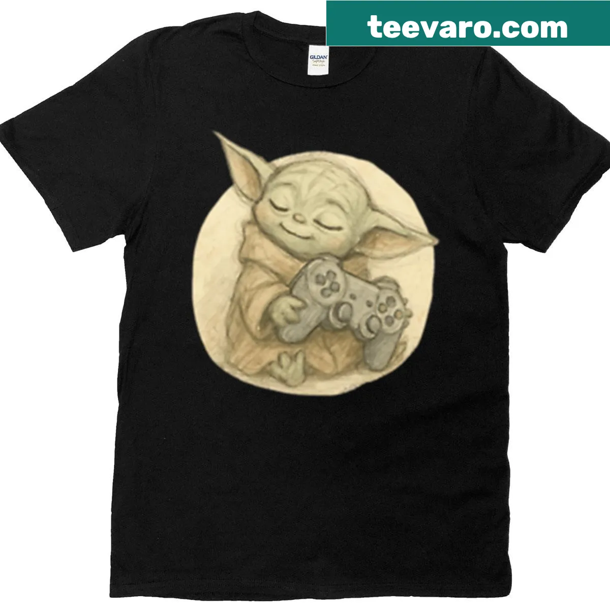Cute illustration of a green alien playing video games on a T-shirt. — on a men's t-shirt