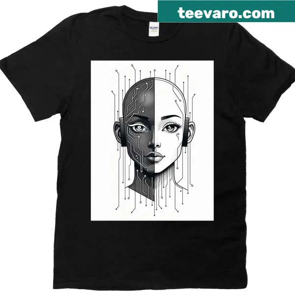 Cybernetic human face illustration on a futuristic t-shirt