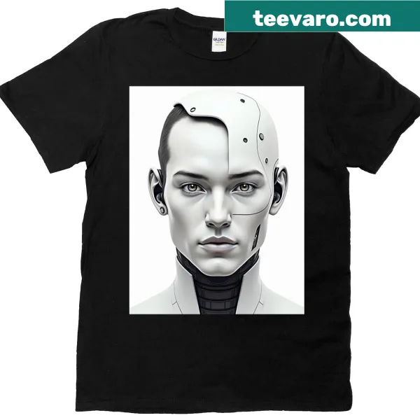 Futuristic humanoid portrait art T-shirt with cybernetic features