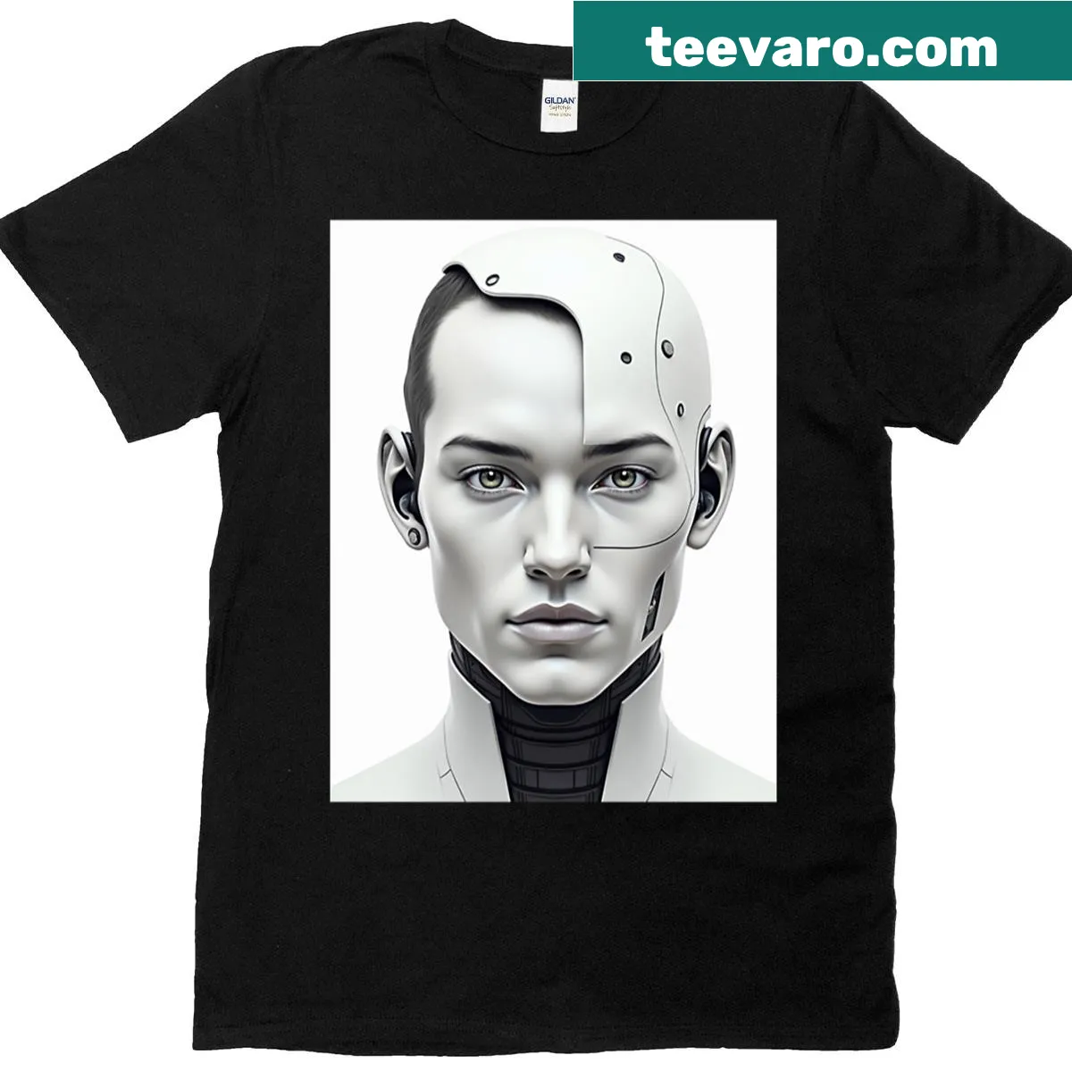 Futuristic humanoid portrait art T-shirt with cybernetic features — on a men's t-shirt