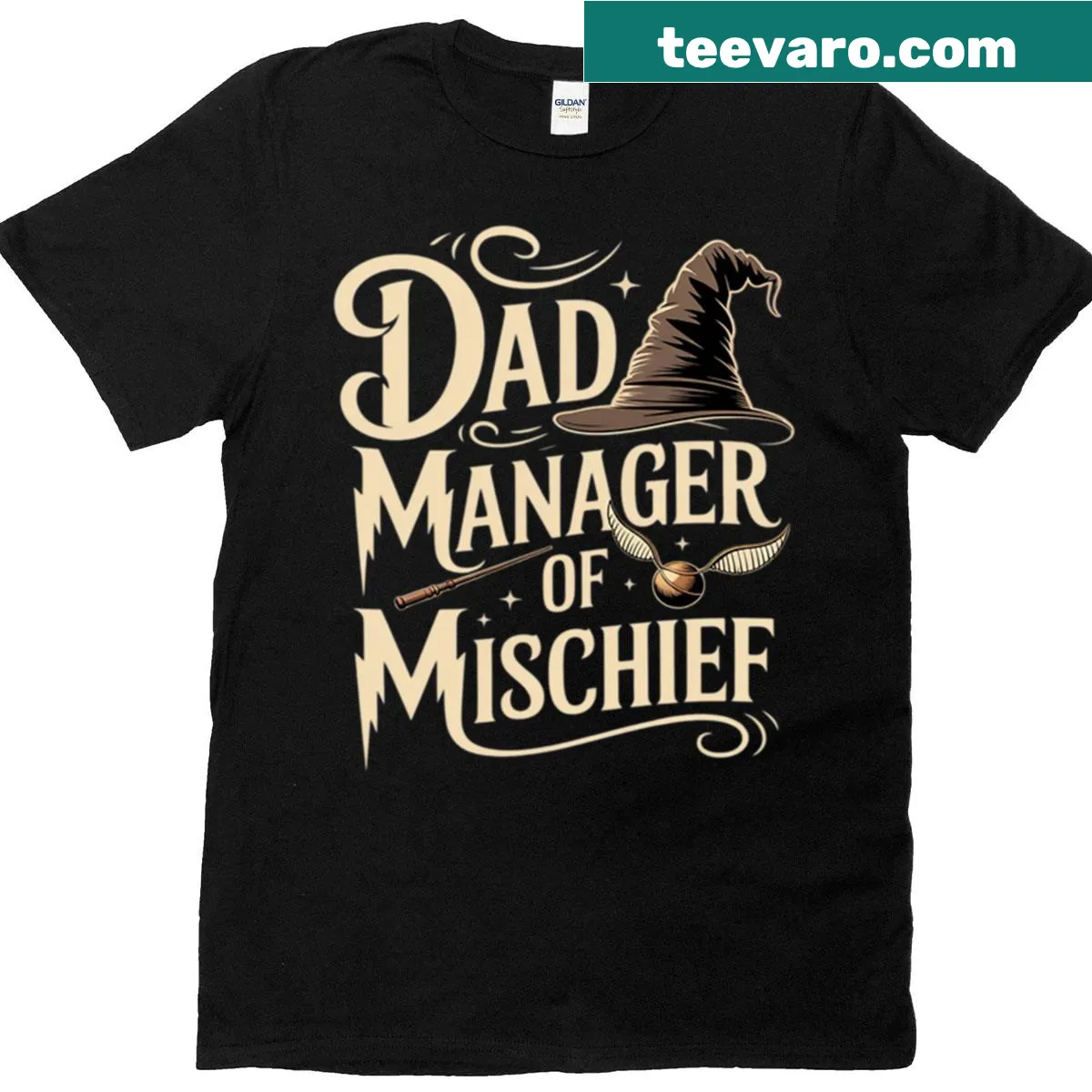 Funny T-shirt for dads titled 'Manager Of Mischief' with magical wizard theme — on a men's t-shirt