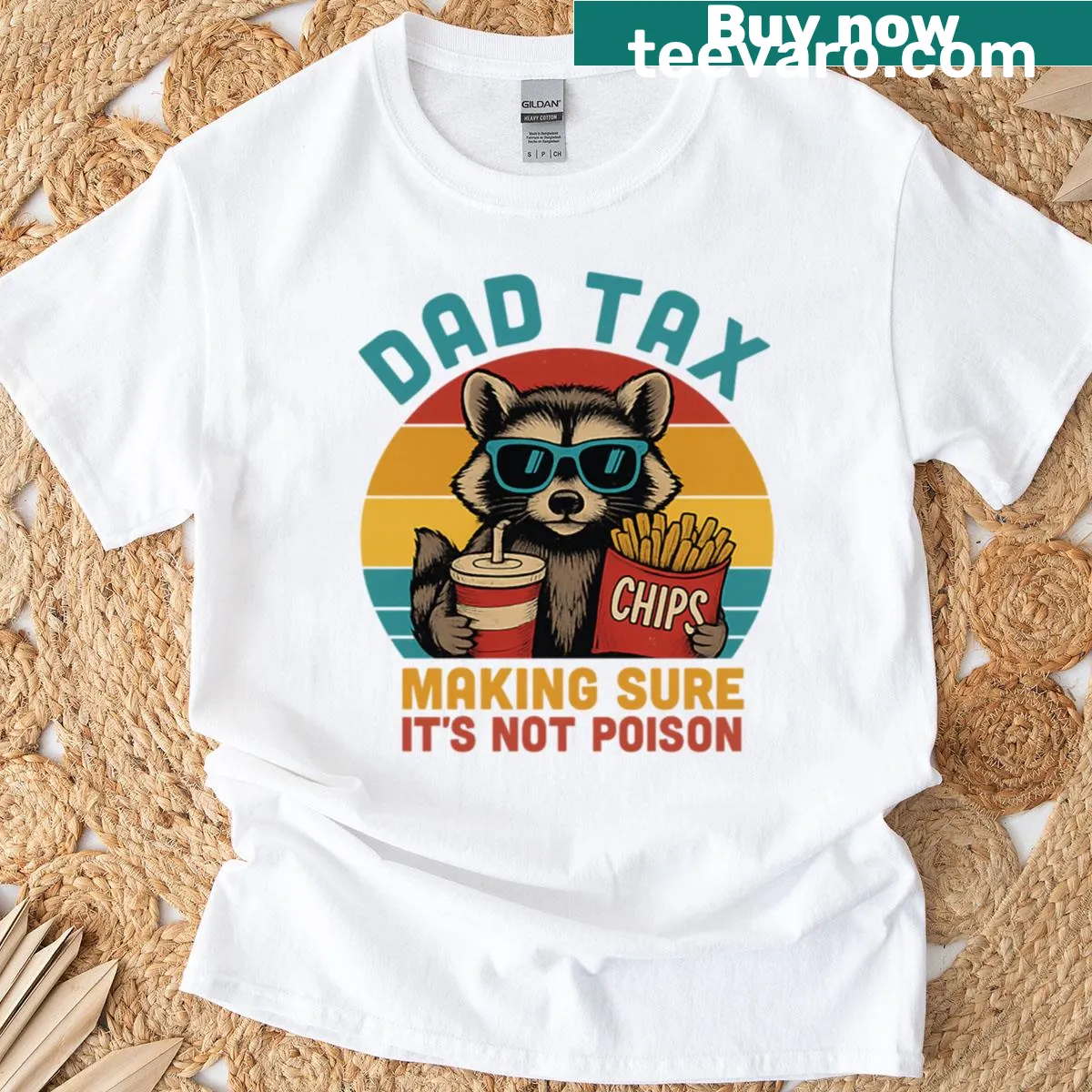 Vintage-style T-shirt with a raccoon and humorous 'Dad Tax' quote — on a men's t-shirt
